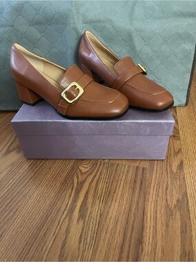 Classic Brown Block Heel Loafers with Gold Buckle